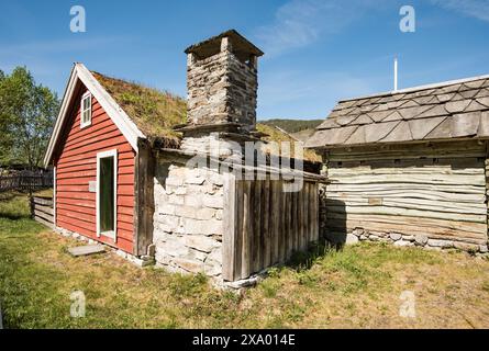 Interessanti edifici a volte ricoperti di erba presso il Nordfjord Museum of Cultural History in Norvegia (museo all'aperto). Foto Stock