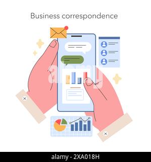Concetto di corrispondenza aziendale mani che tengono in mano uno smartphone che visualizza messaggi e grafici, simboleggiando l'era digitale della comunicazione aziendale illustrazione vettoriale Illustrazione Vettoriale