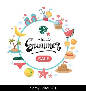 Cornice rotonda estiva disegnata a mano, spazio copia. Banner Vector Summer Discount Illustrazione Vettoriale