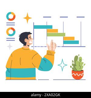 Concetto di gestione dei progetti. Interazione professionale con un diagramma di Gantt per la pianificazione delle attività e l'organizzazione della cronologia. Strumenti di monitoraggio dei progetti visualizzati. Illustrazione vettoriale piatta Illustrazione Vettoriale