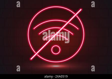 poster senza segnale wifi, connessione, testo rosso neon bagliore, sullo sfondo di un muro di mattoni, per nightclub Illustrazione Vettoriale