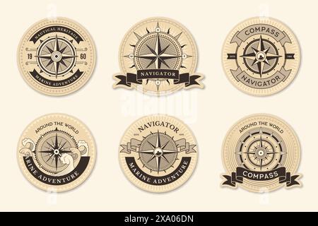 Distintivi della bussola. Set di etichette nautiche marine con spazio per il set di illustrazioni vettoriali recenti di testo Illustrazione Vettoriale