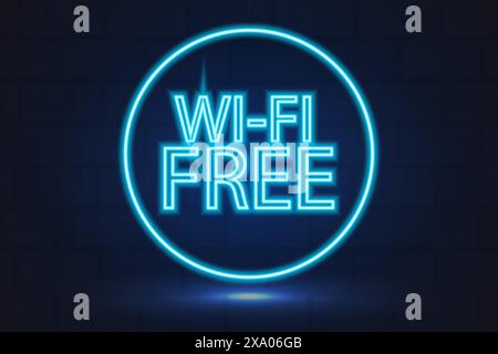 segnale wifi a poster gratuito, connessione, bagliore al neon blu, sullo sfondo della parete in mattoni, per night club Illustrazione Vettoriale
