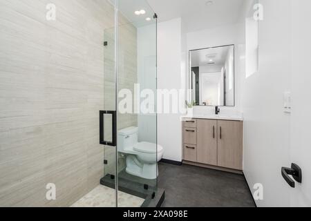 Bagno moderno con pareti in vetro e spaziosa cabina doccia Foto Stock