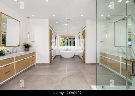 Bagno moderno con doppio lavandino e grande specchio a parete Foto Stock