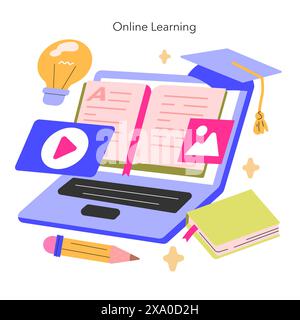 Concetto di apprendimento online Una vivace visualizzazione di strumenti di e-learning, dai notebook agli e-book, che simboleggiano la nuova era della conoscenza dell'istruzione digitale a portata di mano illustrazione vettoriale Illustrazione Vettoriale