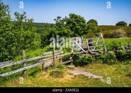 Un vecchio cancello in legno nel parco di campagna cielo blu estivo a Chatsworth Manor House, Bakewell, Derbyshire Foto Stock