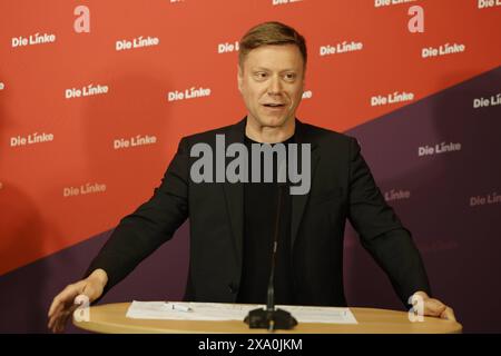 Carola Rackete, Martin Schirdewan gemeinsame Pressekonferenz zur Europawahl 2024 , AM 03.06.2024 a Berlino, LINKE, Karl-Liebknecht Haus, Deutschland *** Carola Rackete, Martin Schirdewan conferenza stampa congiunta sulle elezioni europee 2024 , il 03 06 2024 a Berlino, LINKE, Karl Liebknecht Haus , Germania Foto Stock