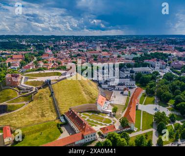 Castello di Gediminas e Palazzo dei Granduchi di Lituania nella piazza della cattedrale. Vista aerea del centro storico di Vilnius con drone Foto Stock