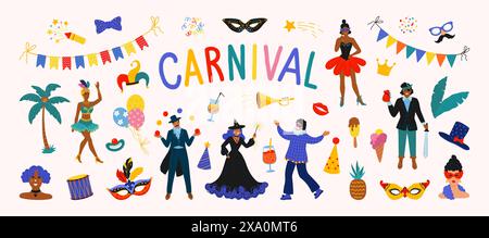 Costumi di Carnevale. Festa musicale di persone, concerto di compleanno o danza dei personaggi del circo, clown person. Elementi decorativi isolati. Uomini e donne felici. Ve Illustrazione Vettoriale