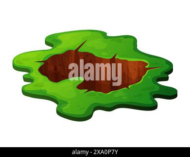 Buca al suolo nel cartone animato con pietre ed erba verde. Scavo sotterraneo sporco o miniera, tana, mucchio. Illustrazione vettoriale isolata su bianco Illustrazione Vettoriale