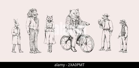 Animali d'epoca. Mammiferi antropomorfi. Disegno dello schizzo. Carattere coniglio in tuta. Orso in bicicletta. Disegno retrò Lepre. Bambino sulla ruota della bicicletta. Gatto in abito Illustrazione Vettoriale