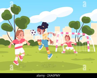 Bambini che giocano a calcio. I piccoli calciatori giocano a calcio all'aperto nel parco cittadino del campo, gli studenti delle scuole attive i bambini gli adolescenti i giocatori sportivi la squadra di calcio, le illustrazioni vettoriali di classe Illustrazione Vettoriale