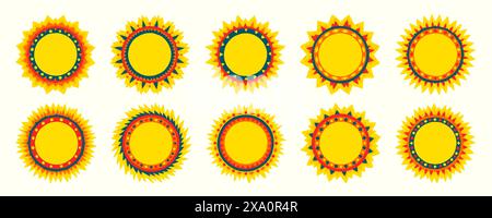 Icone del sole. Sole estivo semplice, simbolo o elemento del raggio, luce solare e luminosa, luce arancione calda. Cornice circolare con spazio di copia per il testo. segn. Meteo Illustrazione Vettoriale