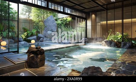 Step into serenity with this exquisite stock photograph capturing the serene ambiance of a traditional Japanese onsen bath. Foto Stock