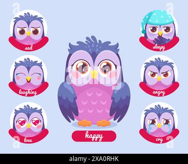 Emoji del gufo dei cartoni animati. Avatar dei personaggi dei gufi, gufo simpatico emoticon o adesivo divertente mascotte studio scolastico espressione diversa felice triste assonnato amore arrabbiato ingegnoso vettoriale illustrazione di gufo emoji Illustrazione Vettoriale