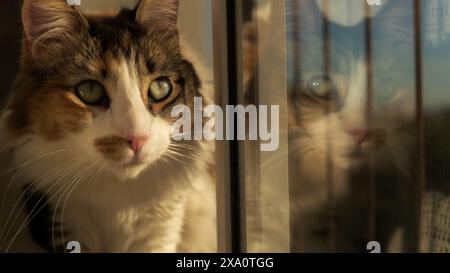 Un gattino carino che si gode il tramonto mentre si rilassa alla finestra Foto Stock