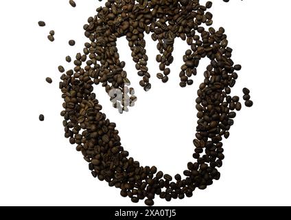 Primo piano di chicchi di caffè a forma di mano su sfondo bianco Foto Stock