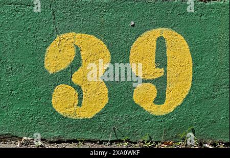 Numero 39 dipinto di giallo su una parete verde Foto Stock