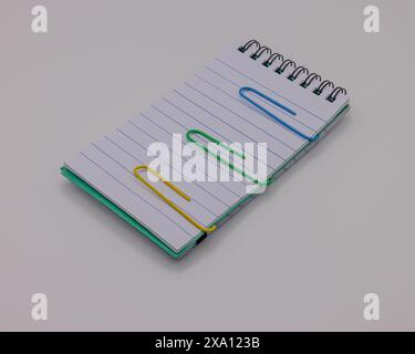 Un quaderno a spirale verde con graffette di carta gialla, verde e blu. Foto Stock