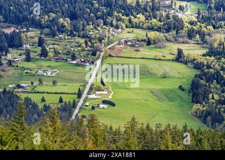 Una vista aerea della Fulford Valley da Mount Bruce, Salt Spring Island, BC Canada Foto Stock