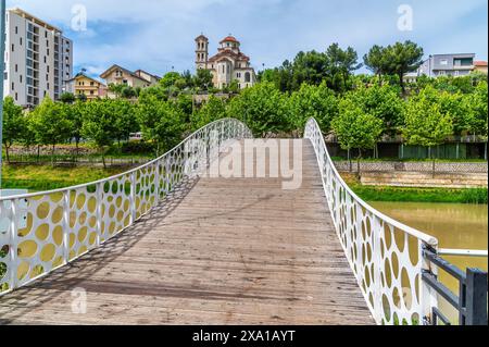 Una vista su un ponte pedonale sul fiume Drin a Lezhe, in Albania in estate Foto Stock