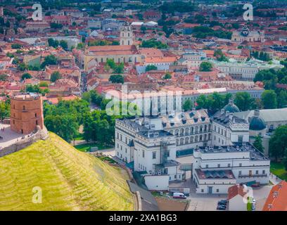 Castello di Gediminas e Palazzo dei Granduchi di Lituania nella piazza della cattedrale. Vista aerea del centro storico di Vilnius con drone Foto Stock