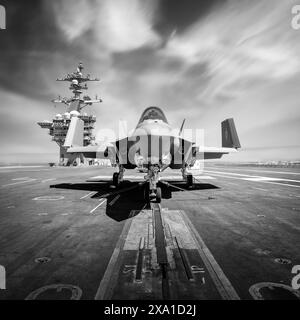 F-35 caccia jet - Los Angeles, California - Stati Uniti - 27 maggio 2024 - sul ponte di volo della USS Carl Vinson (CVN 70) - bianco e nero Foto Stock