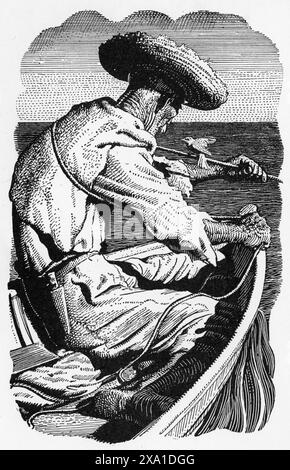 Illustralion dal libro The Old Man and the Sea di Ernest Hemingway, pubblicato dalla Book Folio Society nel 1953. Opera di C. F. Tunnicliffe Foto Stock