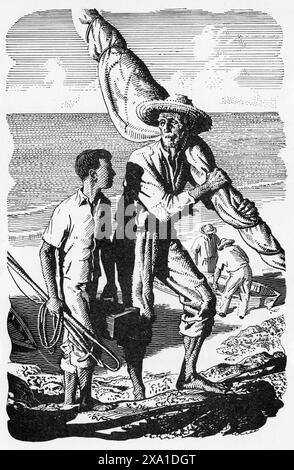 Illustralion dal libro The Old Man and the Sea di Ernest Hemingway, pubblicato dalla Book Folio Society nel 1953. Opera di C. F. Tunnicliffe Foto Stock