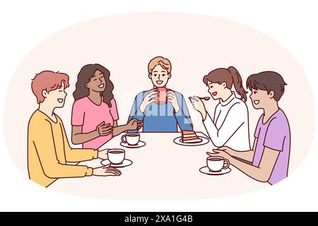 Un gruppo di colleghi multietnici beve un caffè seduto al tavolo durante la pausa e ridere raccontando scherzi divertenti. Le persone felici in abbigliamento casual rilassarsi godendo socializzare e incontrare gli amici della scuola Illustrazione Vettoriale