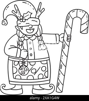 GNOME con Candy cane Isolated Coloring Page Illustrazione Vettoriale