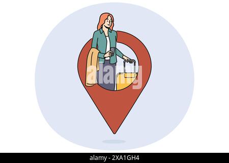 Donna in viaggio con valigia vicino a una spilla GPS gigante per il concetto di navigazione e logistica dei trasporti per il turismo. Geotag con una ragazza in viaggio d'affari che tiene una borsa su ruote e un telefono cellulare Illustrazione Vettoriale