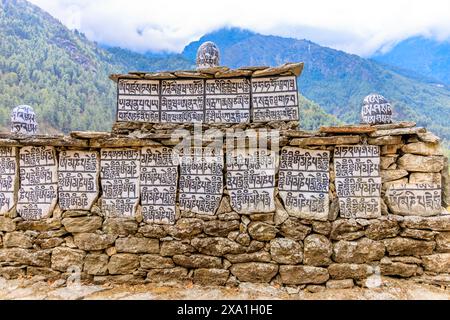 Mani di pietre sacre del Nepal con mantra scritto e scolpito sulla superficie. Pietre di preghiera shire sul sentiero di trekking di montagna sull'Everest base Camp Trek Foto Stock