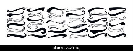 Swoosh da baseball, code di nuoto sportive in stile retrò. Sottolinea la linea ondulata, il turbinio calligrafico nero per il calcio o l'atletica. Disegnato a mano, scorre il set tipografico. Elementi vettoriali tipografici del logo. Illustrazione Vettoriale