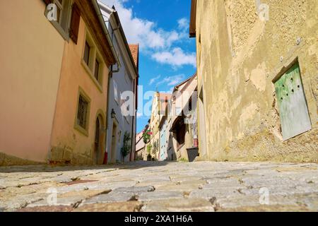 Stretto vicolo acciottolato Rothenburg ob der Tauber Germania. Uno stretto vicolo nella città storica di Rothenburg ob der Tauber, Germania. Foto Stock