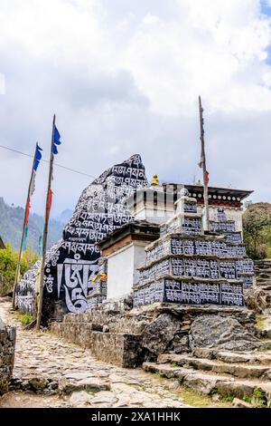 Mani di pietre sacre del Nepal con mantra scritto e scolpito sulla superficie. Pietre di preghiera shire sul sentiero di trekking di montagna sull'Everest base Camp Trek Foto Stock