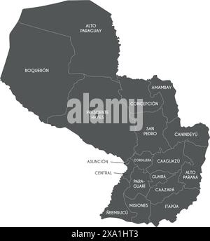 Mappa vettoriale del Paraguay con dipartimenti, distretto della capitale e divisioni amministrative. Livelli modificabili ed etichettati in modo chiaro. Illustrazione Vettoriale