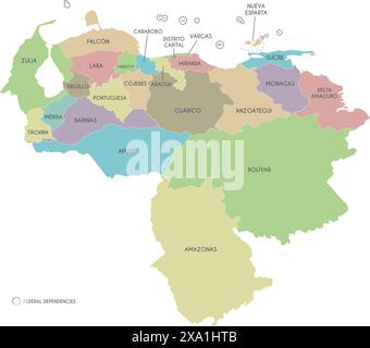 Mappa vettoriale del Venezuela con gli stati, il distretto della capitale, le dipendenze federali e le divisioni amministrative. Livelli modificabili ed etichettati in modo chiaro. Illustrazione Vettoriale