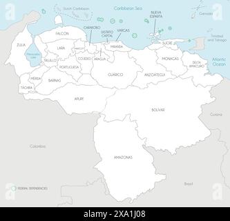 Mappa vettoriale del Venezuela con gli stati, il distretto della capitale, le dipendenze federali e le divisioni amministrative e i paesi vicini. Modificabile e cle Illustrazione Vettoriale