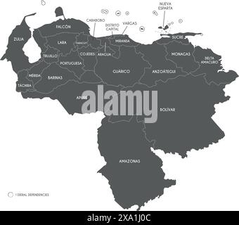Mappa vettoriale del Venezuela con gli stati, il distretto della capitale, le dipendenze federali e le divisioni amministrative. Livelli modificabili ed etichettati in modo chiaro. Illustrazione Vettoriale