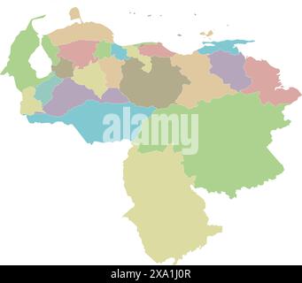 Mappa vettoriale vuota del Venezuela con stati, distretto della capitale, dipendenze federali e divisioni amministrative. Livelli modificabili ed etichettati in modo chiaro. Illustrazione Vettoriale