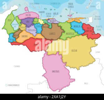 Mappa vettoriale illustrata del Venezuela con stati, distretto della capitale, dipendenze federali e divisioni amministrative e paesi vicini. Modifica Illustrazione Vettoriale