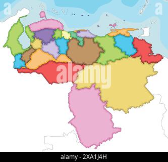 Vector ha illustrato una mappa vuota del Venezuela con stati, distretto della capitale, dipendenze federali e divisioni amministrative e paesi vicini Illustrazione Vettoriale