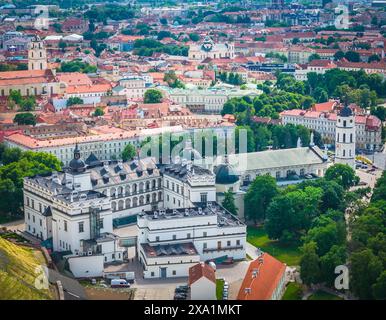 Palazzo dei Granduchi di Lituania nella piazza della cattedrale. Vista aerea del centro storico di Vilnius con drone Foto Stock