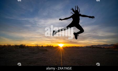 Una ragazza con i dreadlock che saltano sullo sfondo del cielo all'alba Foto Stock