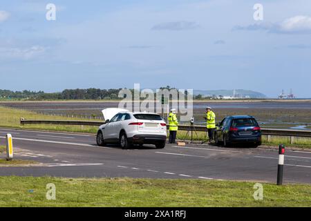 3 giugno 2024. A9 all'incrocio con la B9176, Skiach Services, Evanton, Scozia. Questa e' un'indagine sulla polizia scozzese per un incidente sul luogo di un veicolo S 2 Foto Stock