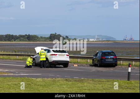 3 giugno 2024. A9 all'incrocio con la B9176, Skiach Services, Evanton, Scozia. Questa e' un'indagine sulla polizia scozzese per un incidente sul luogo di un veicolo S 2 Foto Stock