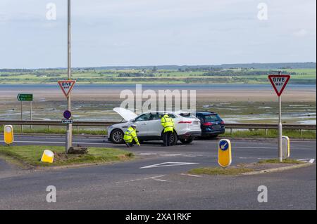 3 giugno 2024. A9 all'incrocio con la B9176, Skiach Services, Evanton, Scozia. Questa e' un'indagine sulla polizia scozzese per un incidente sul luogo di un veicolo S 2 Foto Stock