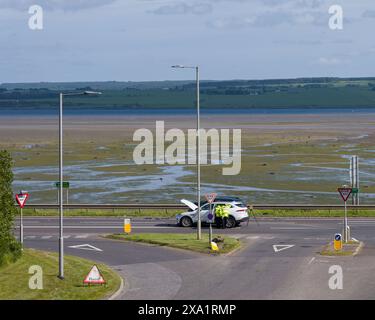 3 giugno 2024. A9 all'incrocio con la B9176, Skiach Services, Evanton, Scozia. Questa e' un'indagine sulla polizia scozzese per un incidente sul luogo di un veicolo S 2 Foto Stock